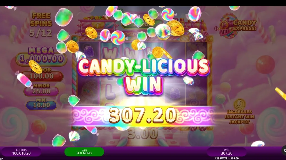 Candy Express Gold Blitz slot machine interface na may makukulay na kendi at tren