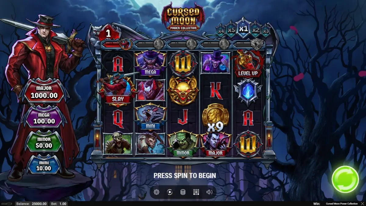 Isang madilim at gothic na eksena ng hunter na nakikipaglaban sa mga halimaw sa slot na Cursed Moon Power Collection.