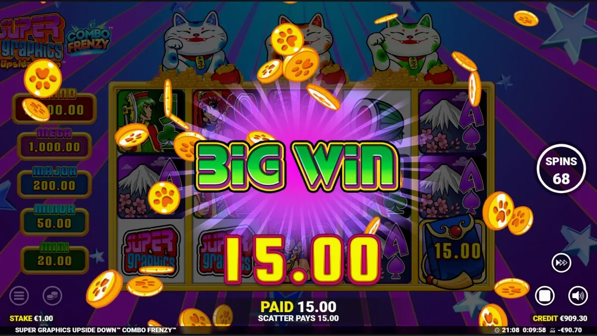 Super Graphics Upside Down slot machine interface na may anime theme at Lucky Cats