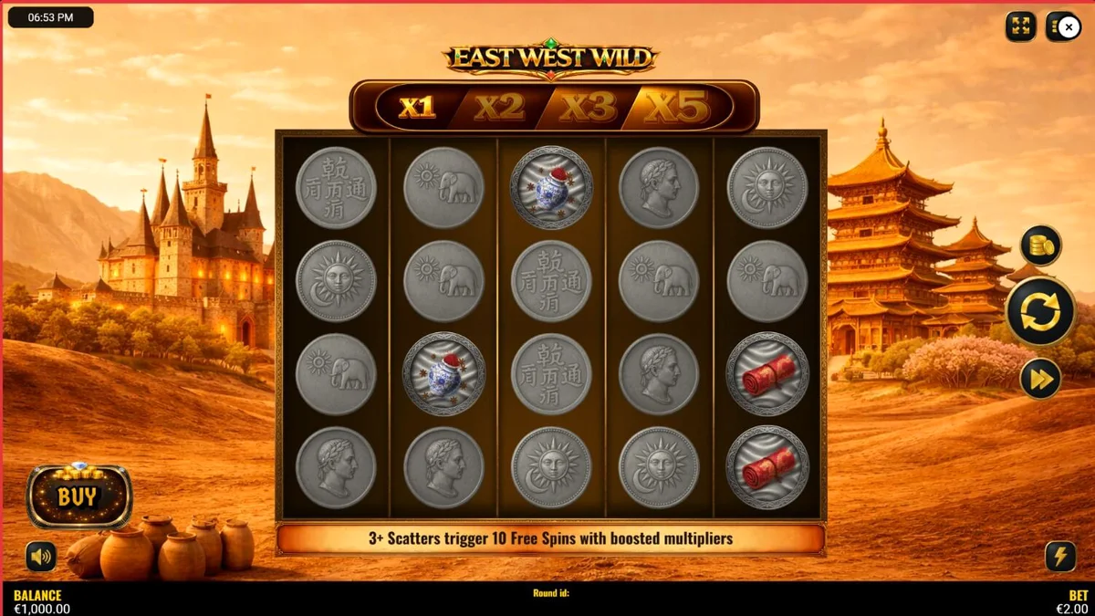East West Wild mobile slot interface na nagpapakita ng mga reel at kontrol
