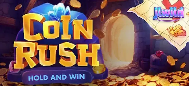 Isang makulay na 3x3 slot machine na nagpapakita ng mga barya at progress carts sa Coin Rush.